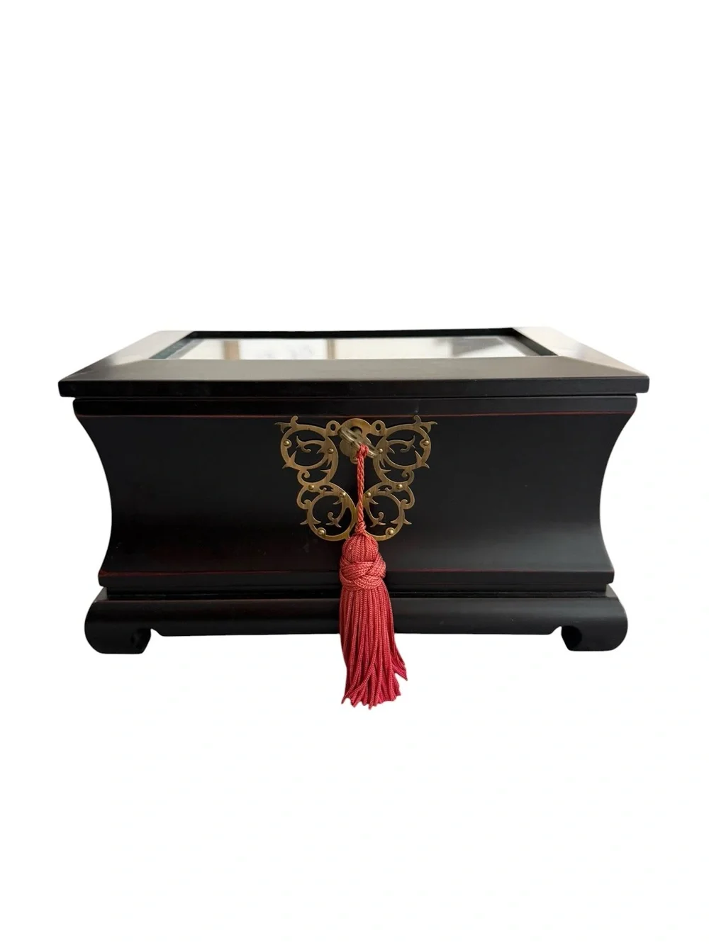 Vintage Asian Black Lacquer Wooden Jewelry Box Glass Top Key Tassel Brass